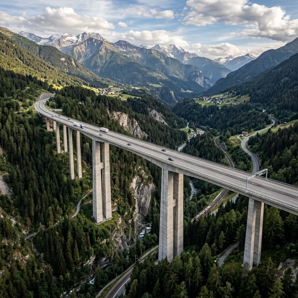 Massive alpine concrete viaduct bridge stretching across a majestic deep forest valley